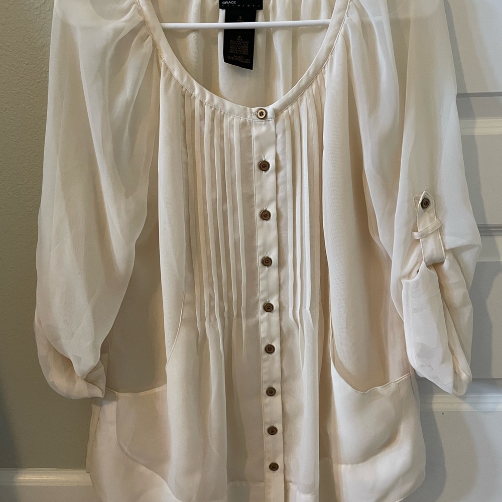Sheer cream/white button down blouse
